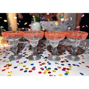 Artland Orange Rimmed Confetti Margarita Glasses, Set of 4, Vintage Barware